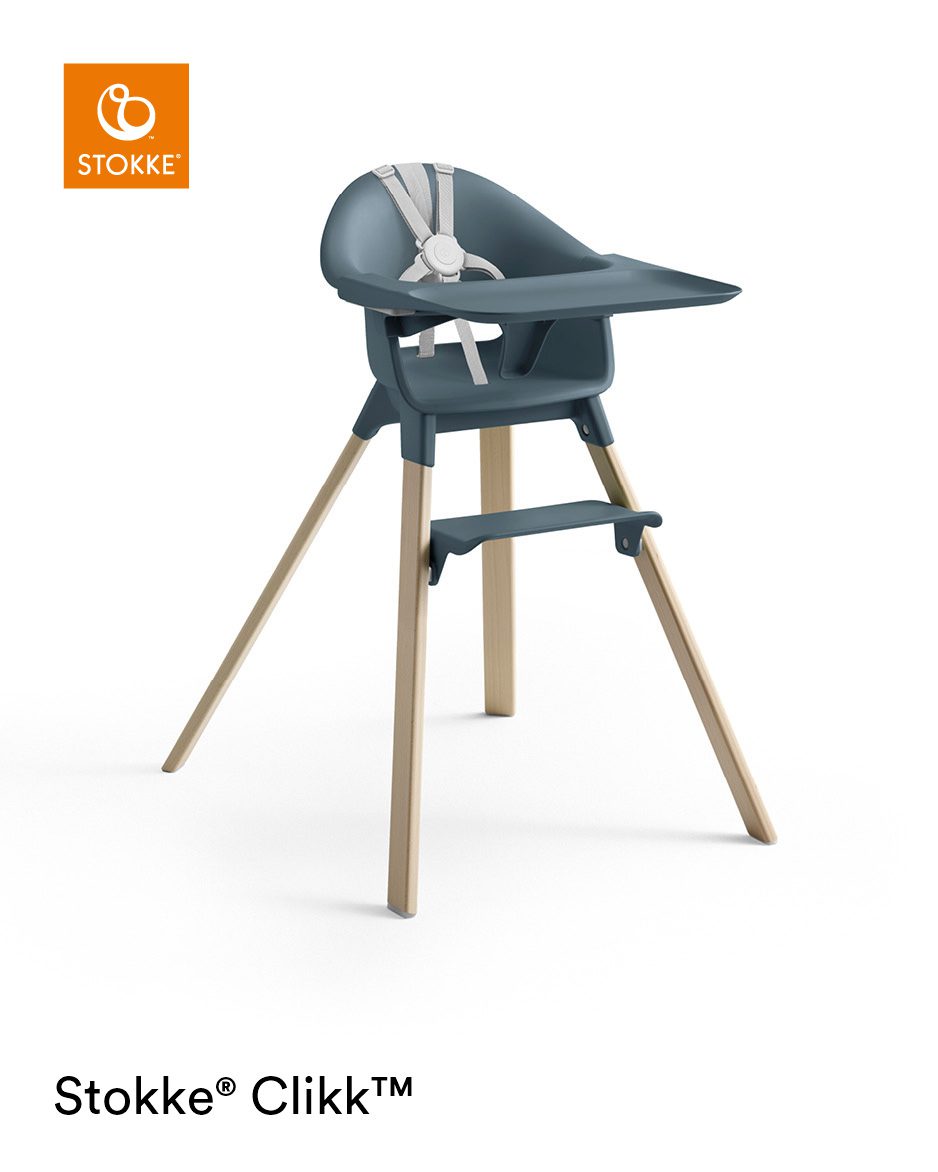 Stokke® Clikk™ High Chair with Tray and Harness, in Natural and Fjord Blue