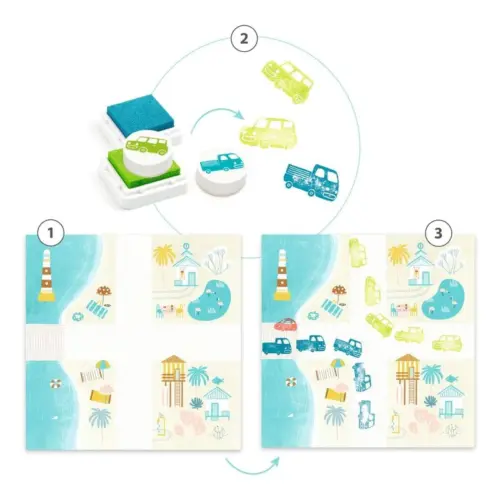 djeco-set-sa-stambiljma-vozila1 Djeco Kreativni set sa štambiljima-Vozila