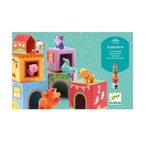 topanifarm2 Djeco Kocke za slaganje s gumenim životinjama